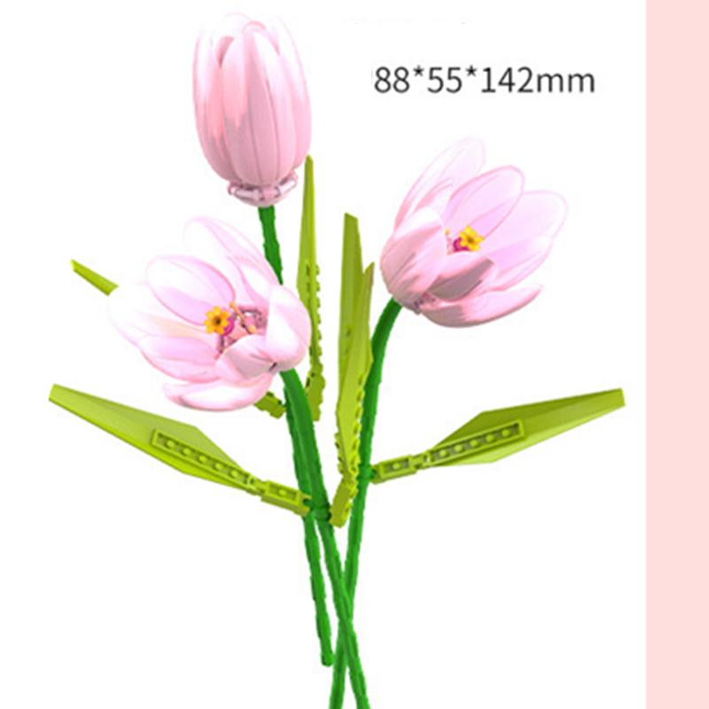 DIY 3v1 Růžové Žluté Tulipány Rostliny Romantický Mír a Naděje Valentýnské Zahrady Stavební Bloky Model Cihličky Dětské Sady Kity