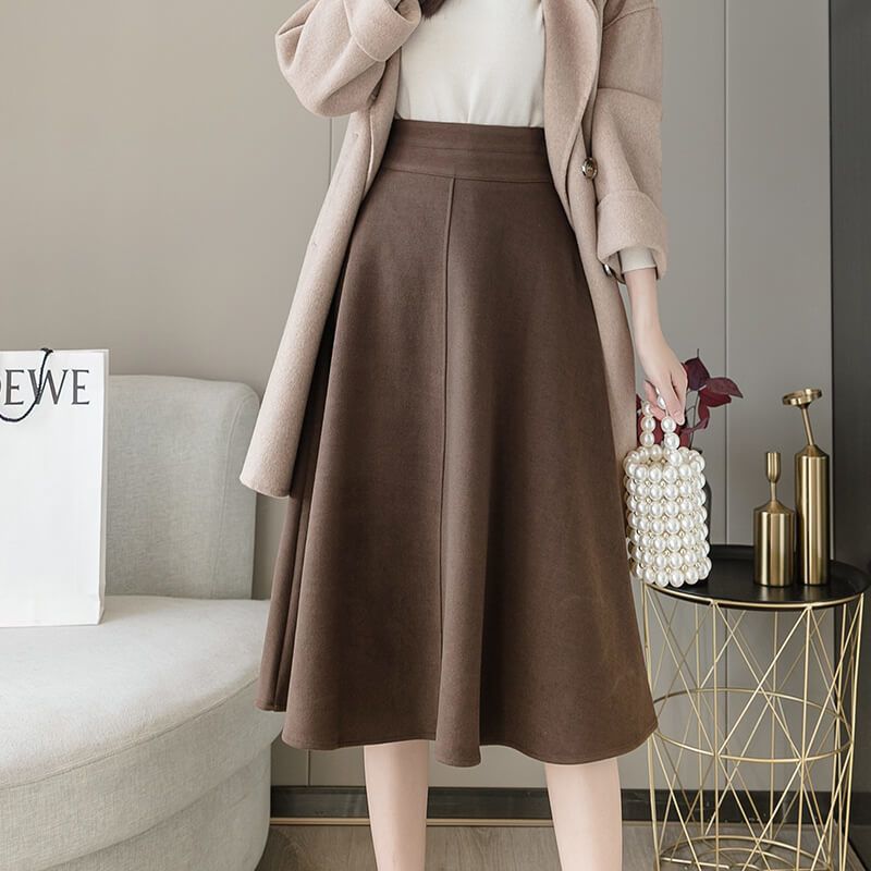 Autumn Winter Women's High Waist Slim-Fitting Flared A-Line Skirt Mid-Length Versatile Tummy-Hiding Korean Style Waist-Cinching Umbrella Skirt