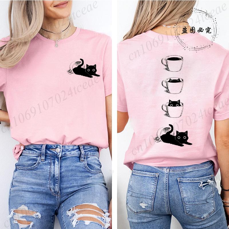 Cat Coffee Printed Printed TShirts Female Funny T Shirts Korean Fashion Graphic Casual Summer Tops Women TShirts Clothing S