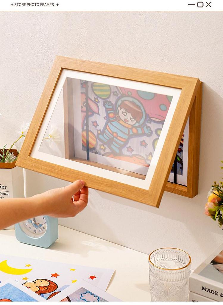Children's Magnetic Picture Frame with Flip Cover, Holds 150 A4 Sheets, Punch-Free Wooden Design