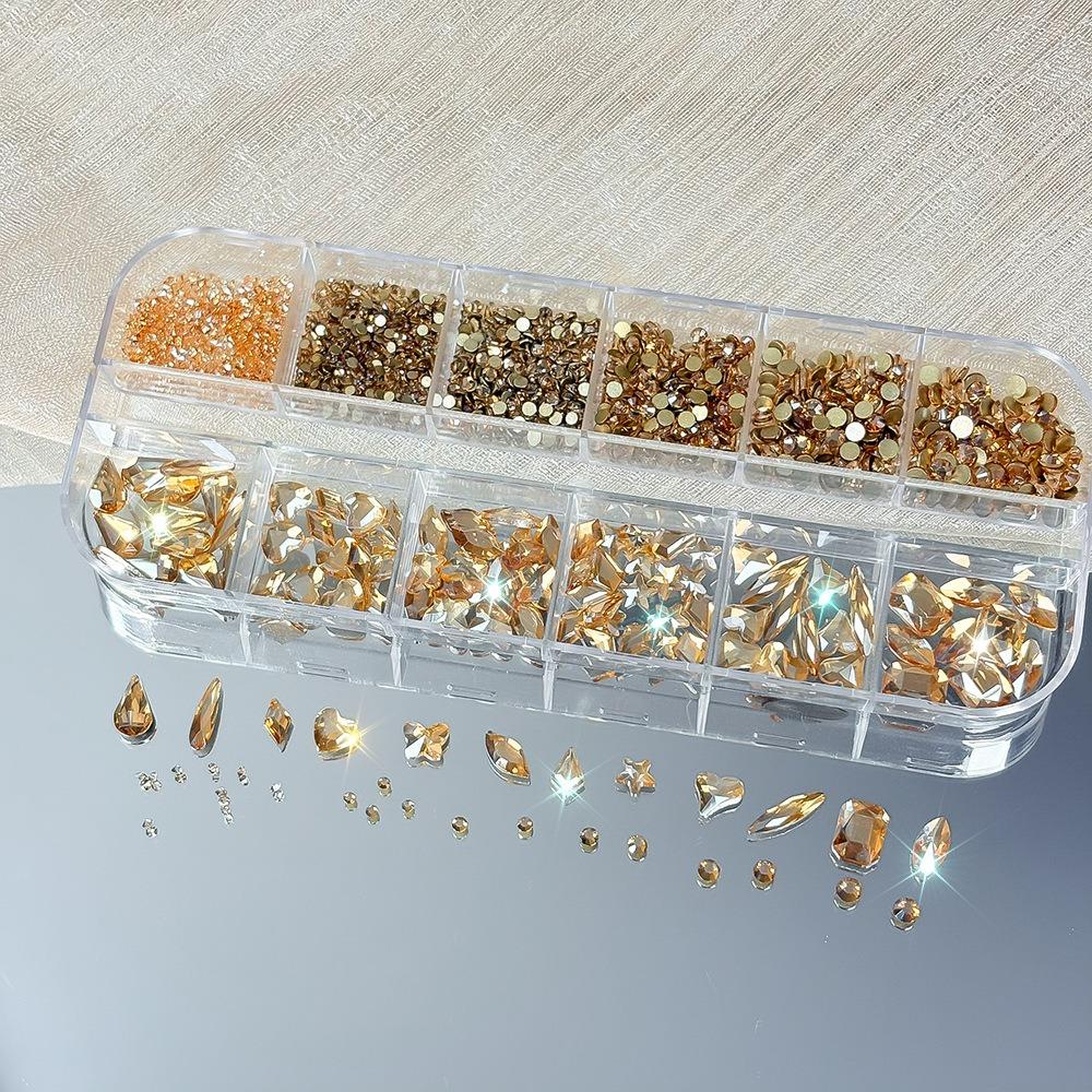 12 Grids 3D Nail Art Rhinestones Flat Bottom Square Rhombus Nail Art Charms Five-pointed Star/Heart Mixed-Shapes