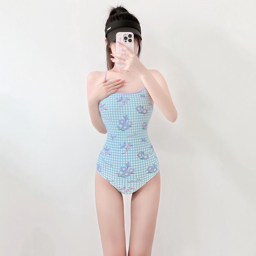 One-piece Swimsuit Women's Suspender Plaid Print Swimsuit Japanese Cute Pure Desire Flat Angle Swimsuit