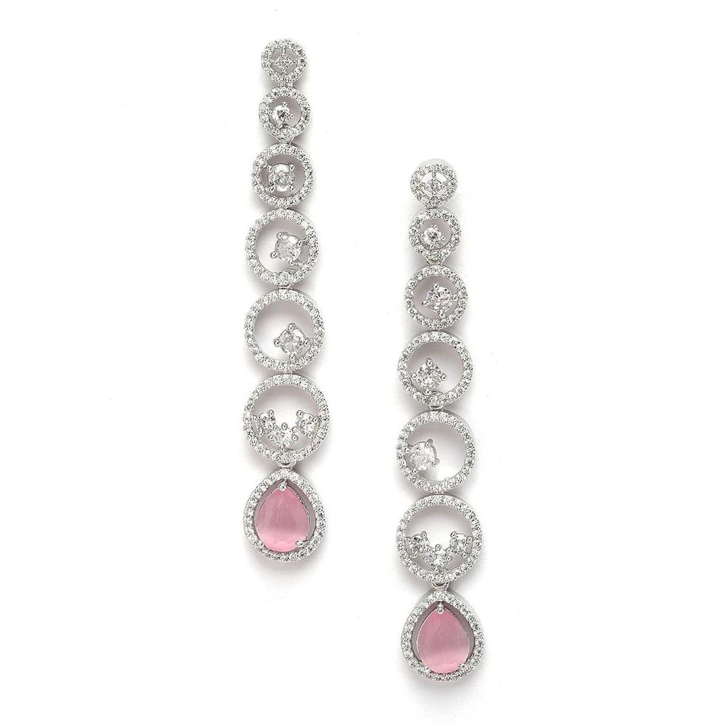 Oxidised Silver-Plated American Diamond Studded Circular Shaped Drop Earrings for Girls and Women