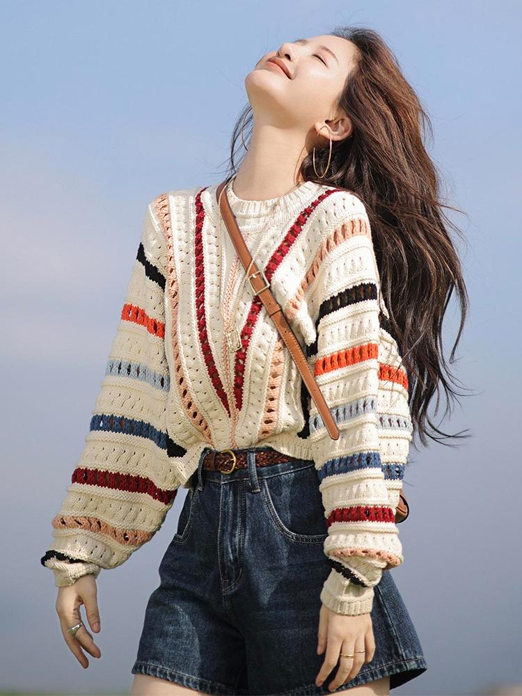 

Women s Striped Knit Sweater - Autumn/Winter Loose Fit Crochet Top Small