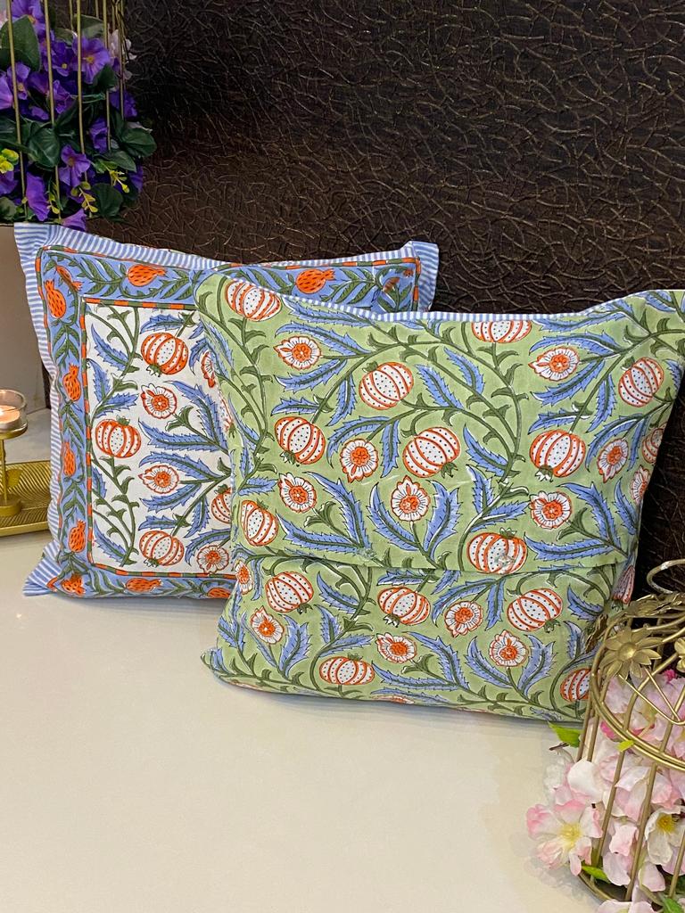 Pair of Handblock Printed Cushion Covers- 16*16 Inches