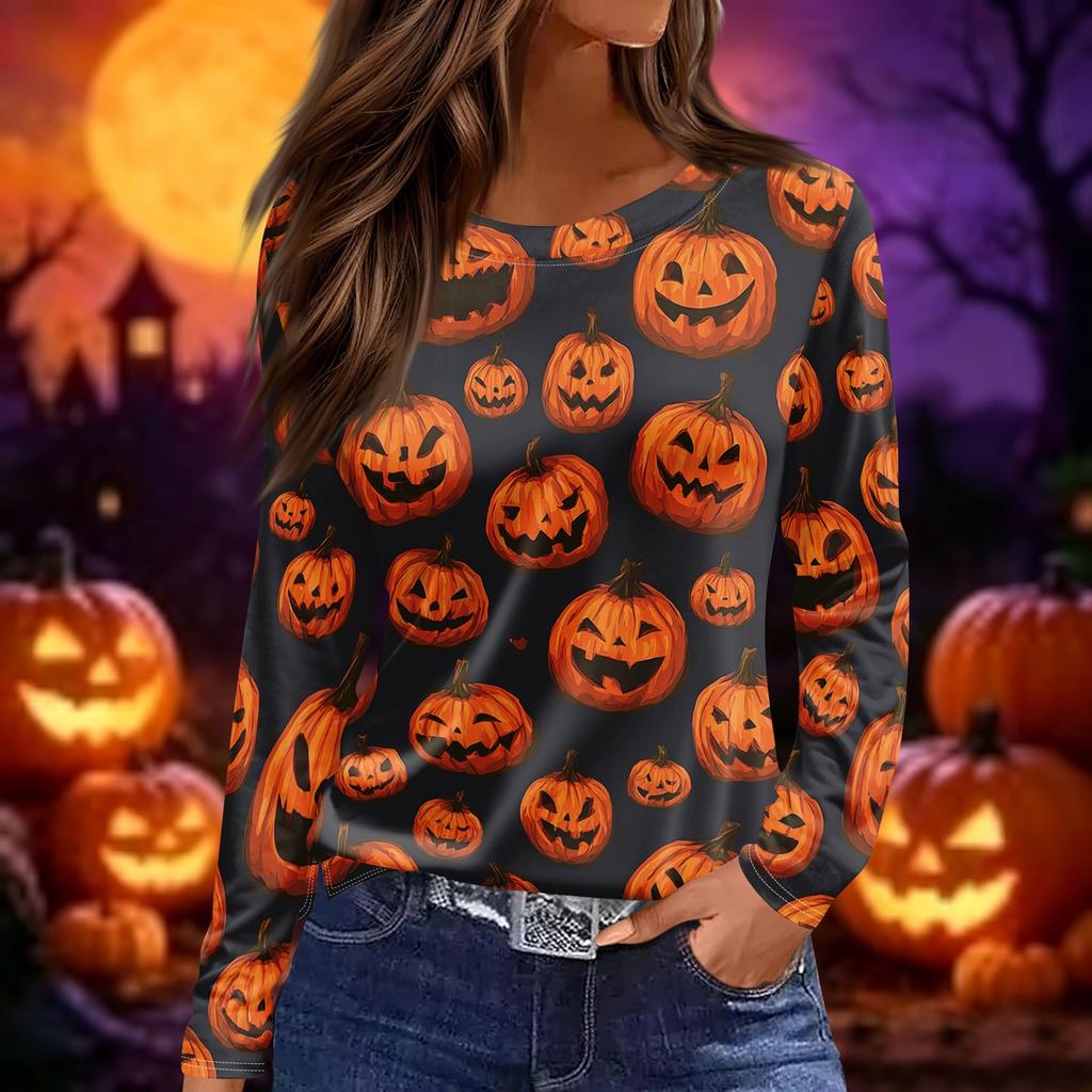 Women's Halloween Print Long Sleeve Top Crew Neck Split Hem Casual Pullover Shirt Lightweight Comfortable Fit