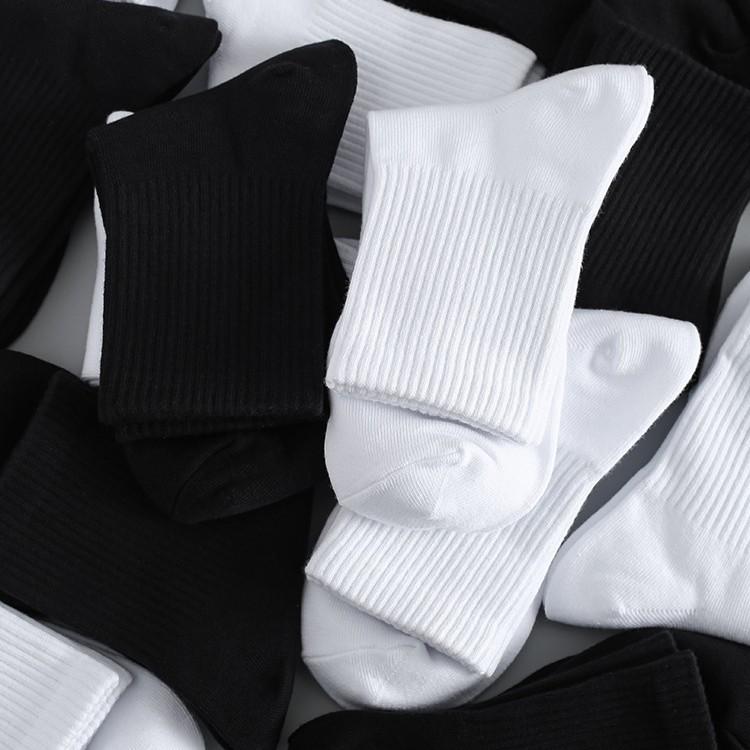 Summer Mid-calf Socks, Breathable Sports Cotton Socks for Men and Women, Black and White, High Rubber Band, Thickened Towel Soles