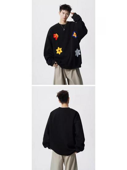 Unisex Floral Embroidered Sweatshirt - Spring & Autumn Trendy Round Neck Casual Base Layer