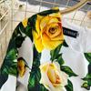 Summer Runway Fashion Rose Flower Print Bodycon Dress Women Holiday O-Neck 3/4 Sleeve Elegant Split Midi Party Dresses