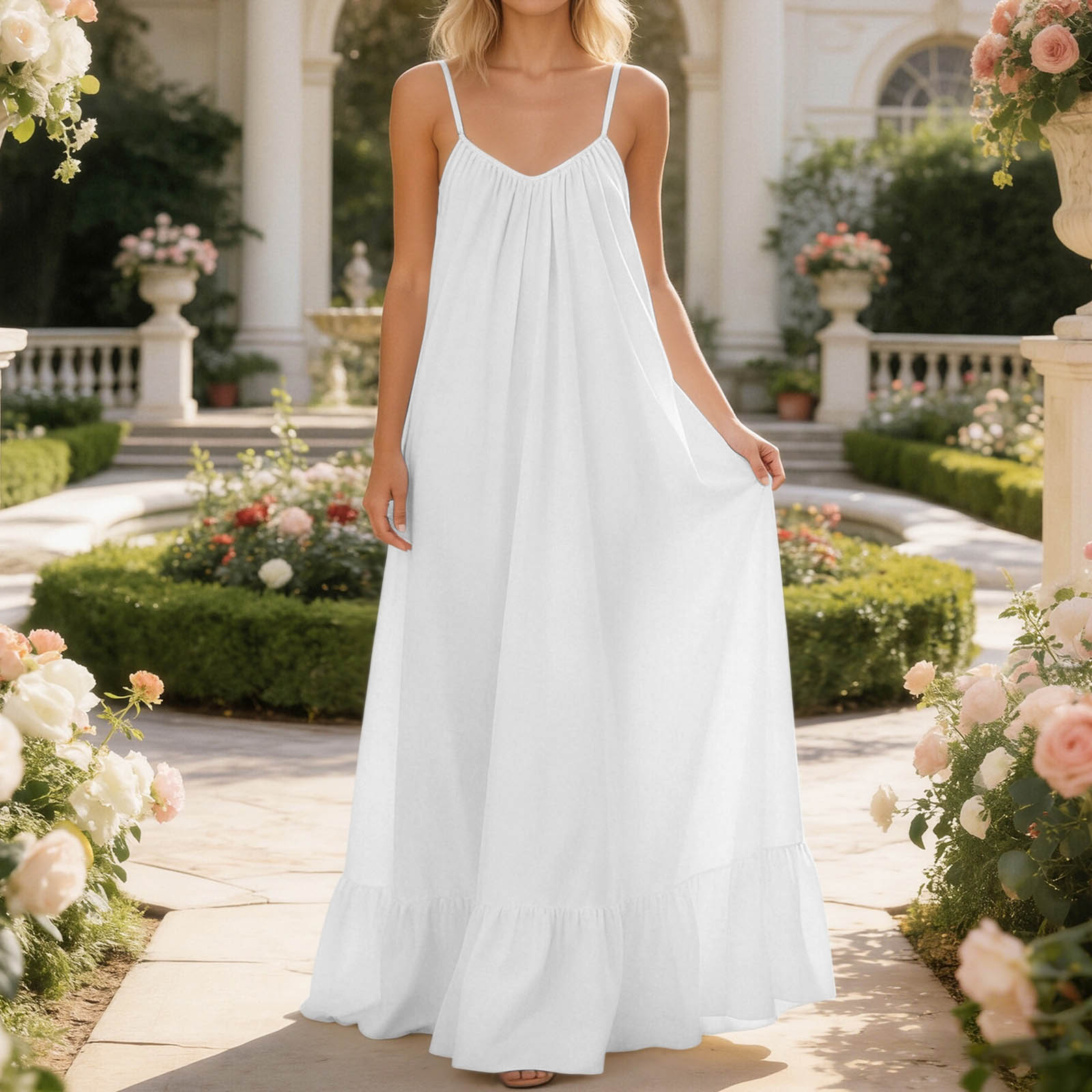 

Women s Breathable Backless Ruffled Hem Long Dress XL білий