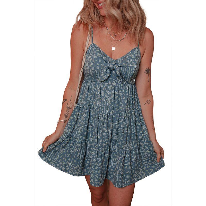 

American Shiying Flower Print Sling Dress Women 2025 Summer New Cute High Waist A Word Short dress Dark blue XL code fits (70.00 kg-75.00 kg