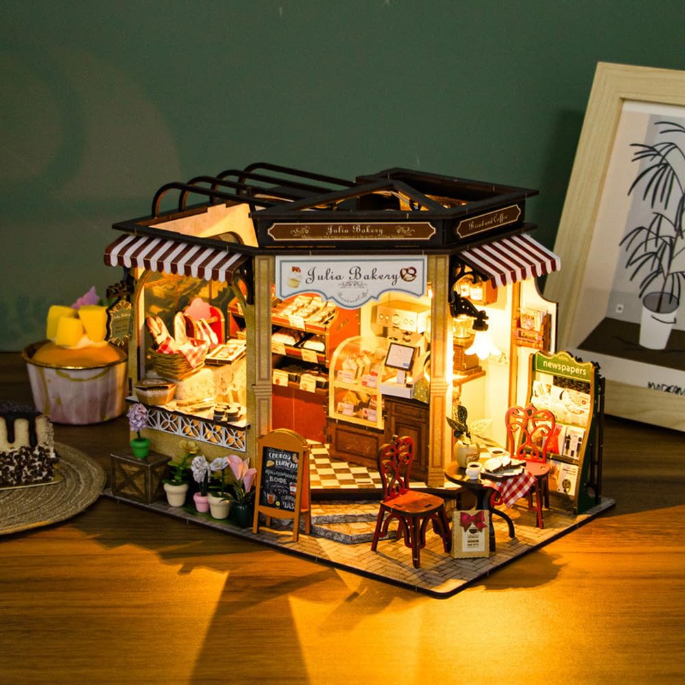 Moin moin Puppenhaus Miniatur DIY Bausatz Set Maßstab Julia Europäisch Antik Retro Realistisch Brot LED Licht Acrylbox [Englische Anleitung] 1/24
