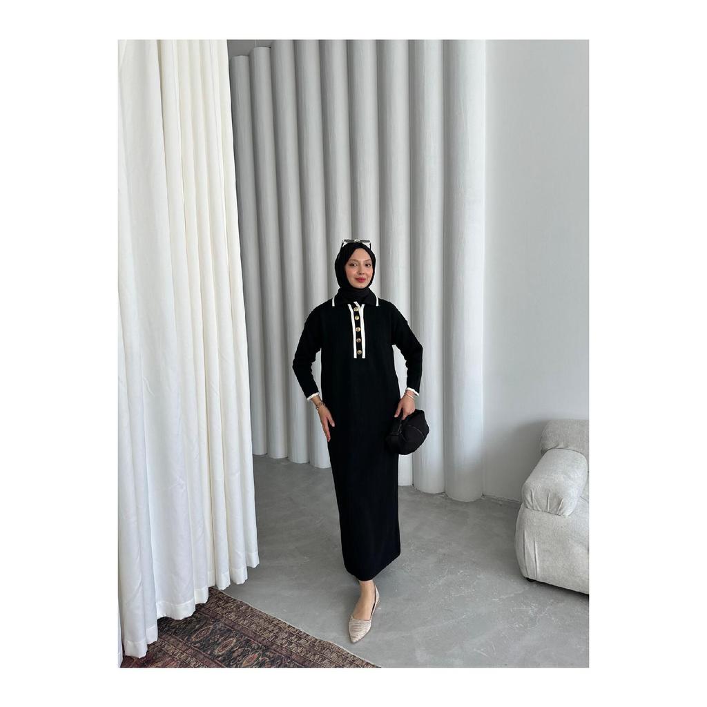 Übergroßes, geknöpftes V-Ausschnitt-Hijab-Kleid aus gerippter Strickware, geripptes langes Winterkleid in voller Länge