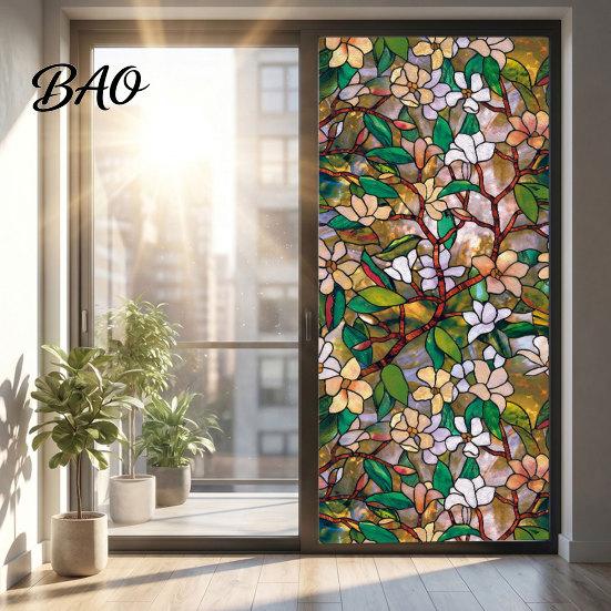 Static Cling Window Film Glass Sticker, Colored Flower Texture Film, UV Removable Decal Light Blocking Waterproof Dustproof for Home Decor Easy