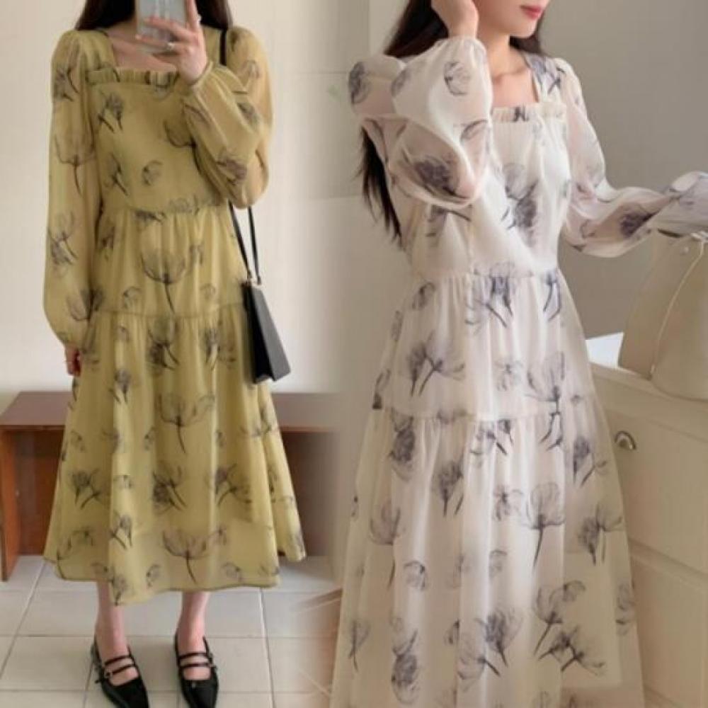 New ArrivalS Open Run Women S Flower Square Neck dreSS Sheer Chiffon