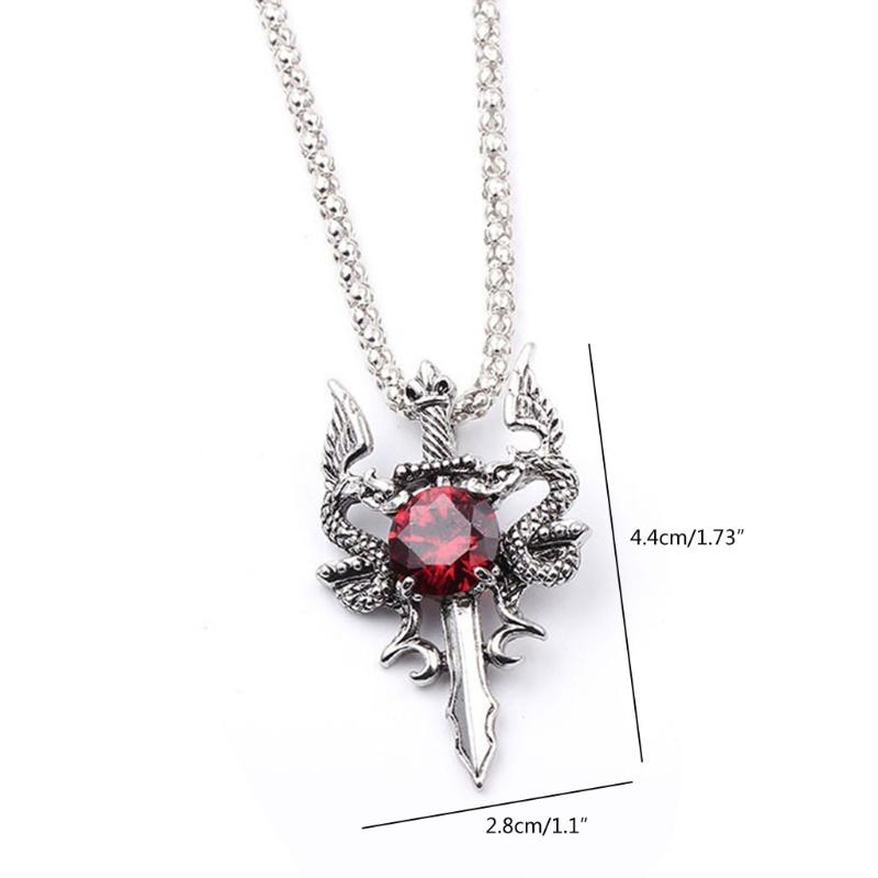 Vintage Dragon Amulet Necklace Double Dragon Sword Crucifix Crystal Pendant Punk Animal Dragon Jewelry Gift for Men Boys