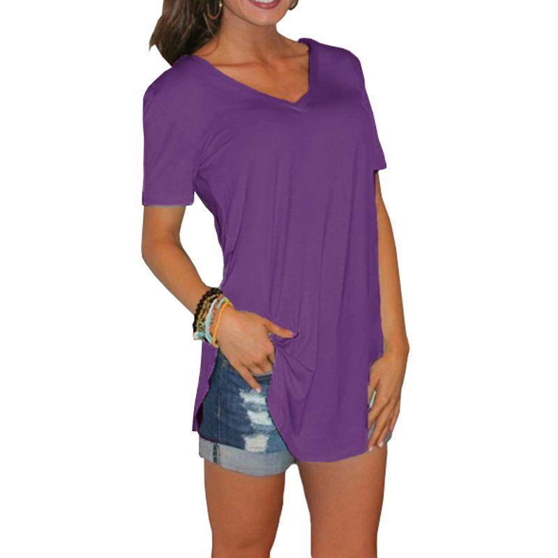Stylish Women's Short Sleeve V-neck Hem Loose Casual Tee T-shirt For Summer Days