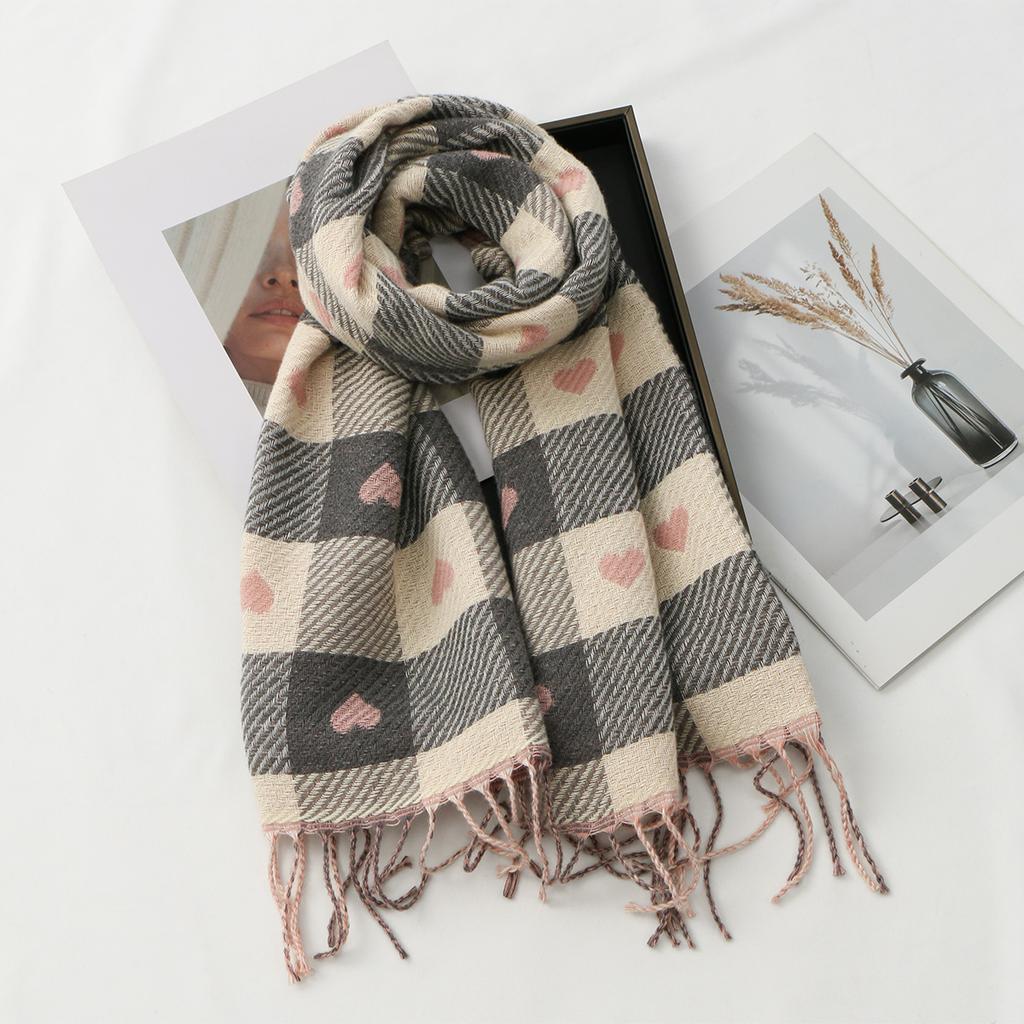 Woman Winter Cashmere Scarf Heart Plaid Shawl Wrap Fall Winter Thick Warm Neckerchief Female Pashmina For Women 180*30Cm