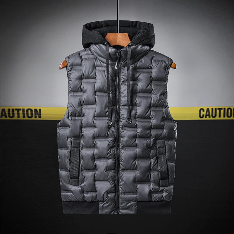 

Men s Winter Hooded Vests with Cap Windproof Warm Vests Solid Thicken Sleeveless Waistcoat Plus Size 6XL сірий