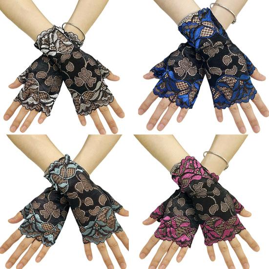 Blonde Blomster Fingerløse Hansker for Kvinner Halvfinger Brude Håndleddshansker Solbeskyttelse Åpen Finger Blondehansker for Bryllup Teselskap Ball