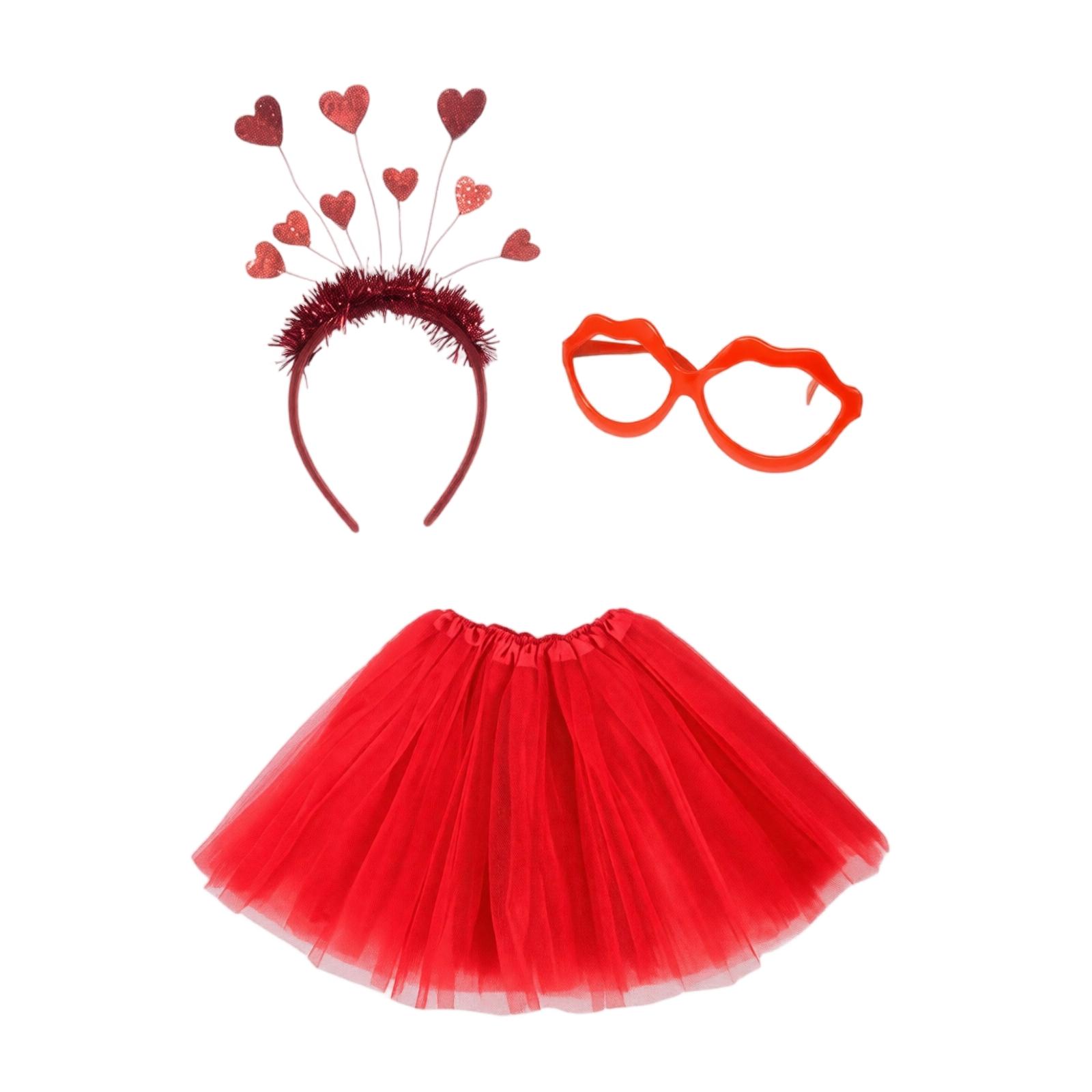 Women s Valentine s Day Three-Piece Outfit Set with Headband, Glasses and Skirt One Size