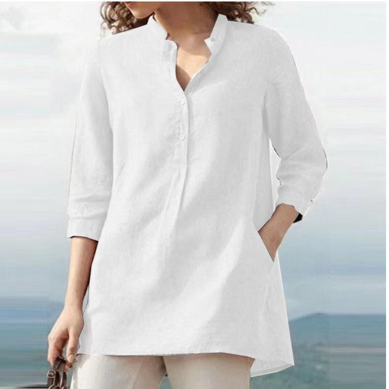 

European & American Women s Solid Color Cotton-Linen Pullover Shirt - Autumn 2021, 3/4 Sleeve, Stand-up Collar XL білий