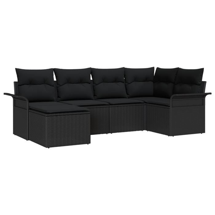 Ensemble de canapé de jardin 6 pièces avec coussins en rotin poly noir, Canapé de jardin 2 places avec rangement et coussins 3354102