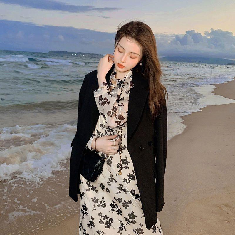 Fashion Krean Loose Green Blazer for Women with Belt Buttons Loose Black Coat