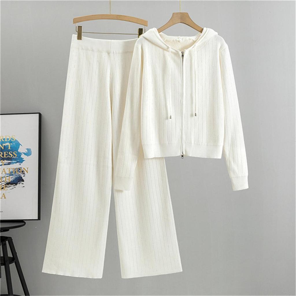 Women's Wide Leg Pants Hooded Knitted Cardigan Two Piece set Women's Autumn Fashion Loose Casual Suit