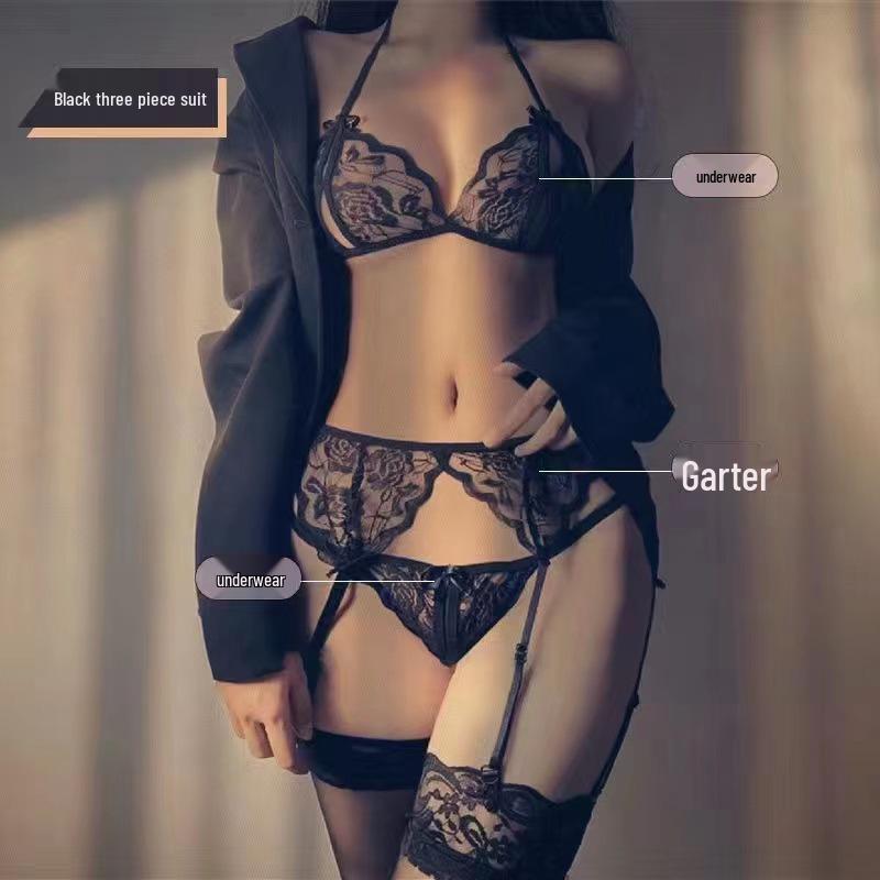 Lace Strap Bodystocking with Open Crotch & Garter Set