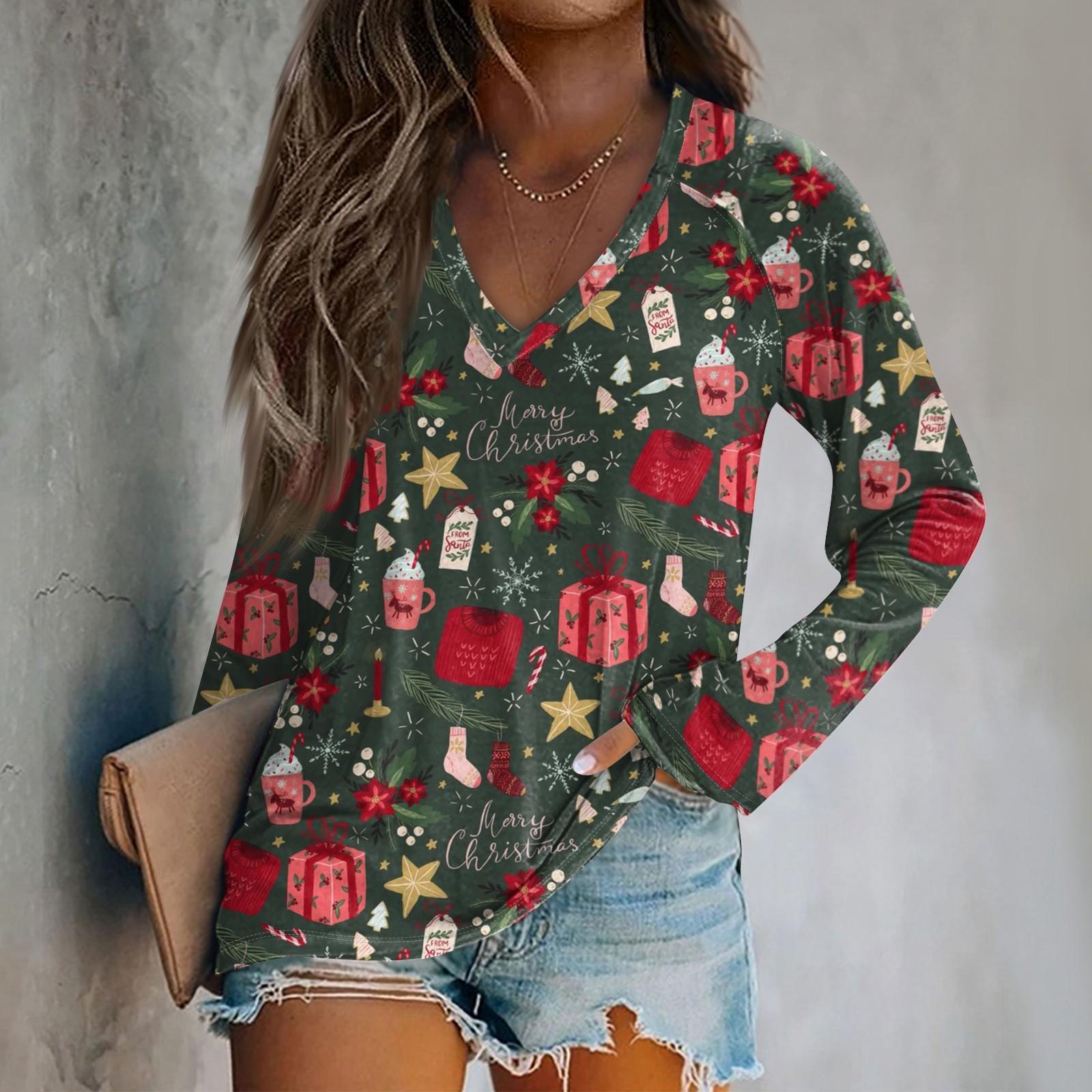 

Женская повседневная мода рождественский графический принт повседневный принт длинный рукав V-образный вырез пуловер топ блузка XXXL