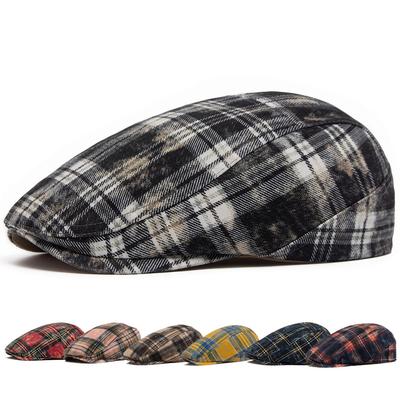 Checkered Washed Vintage-effect Forward-brimmed Summer Soft Cotton Beret Men's Retro Duckbill Cap