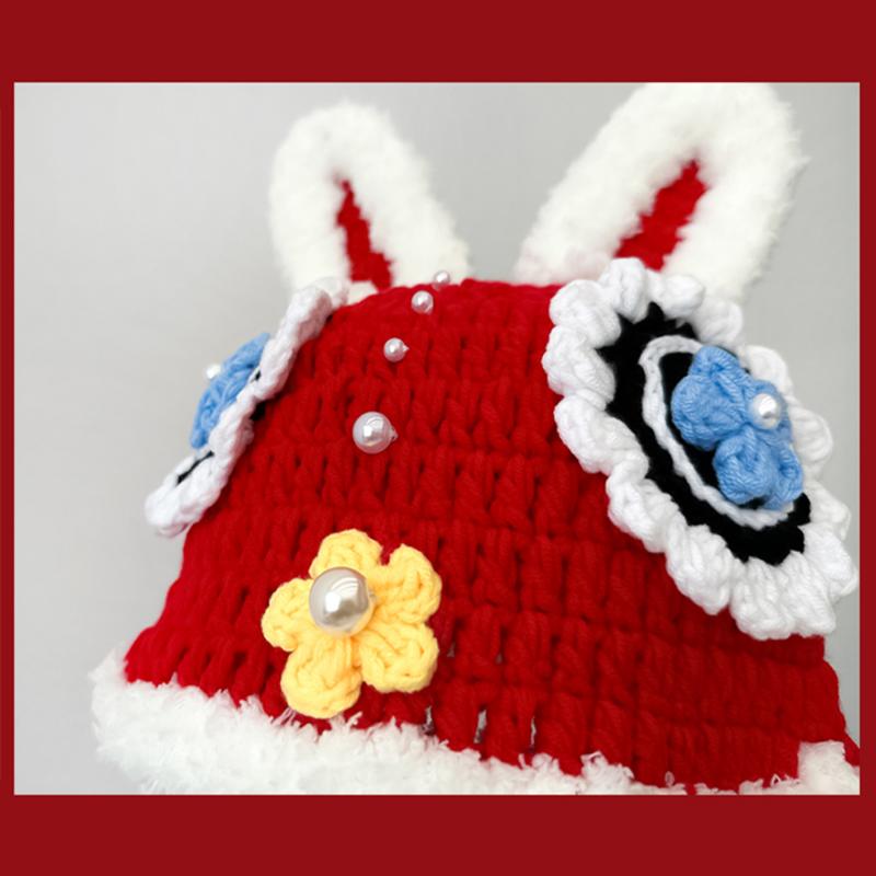 Handmade Crochet Rabbit Tiger Head Hat Men Women Chinese New Year Lion Dance Earflap Bomber Winter Thick Ski Cap for Kids Warm Gift