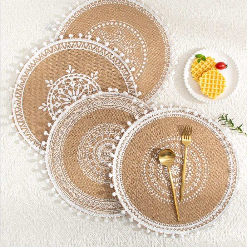 Heat Resistant Braided Place Mats Non-Slip Cup Coaster Mat Vintage Round Placemat  Dining Table