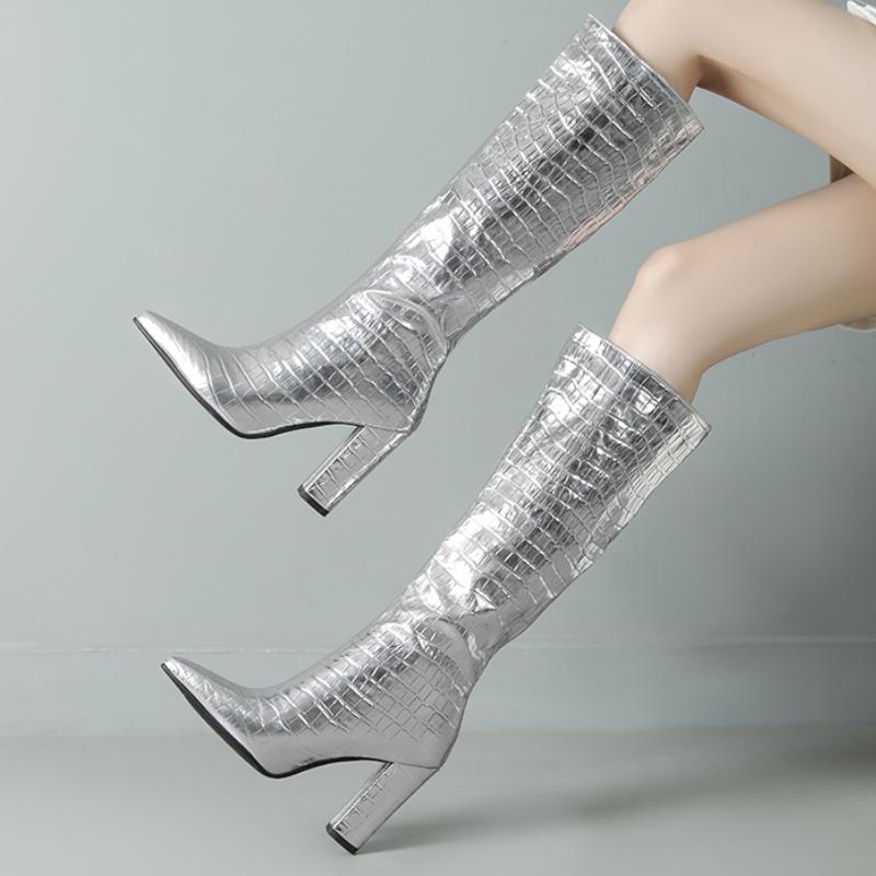 Gold Silver Women's Knee High Boots Winter Shoes New 2024 Trends Luxury Western Cowboys Long Boot Large Size Footwear Brand