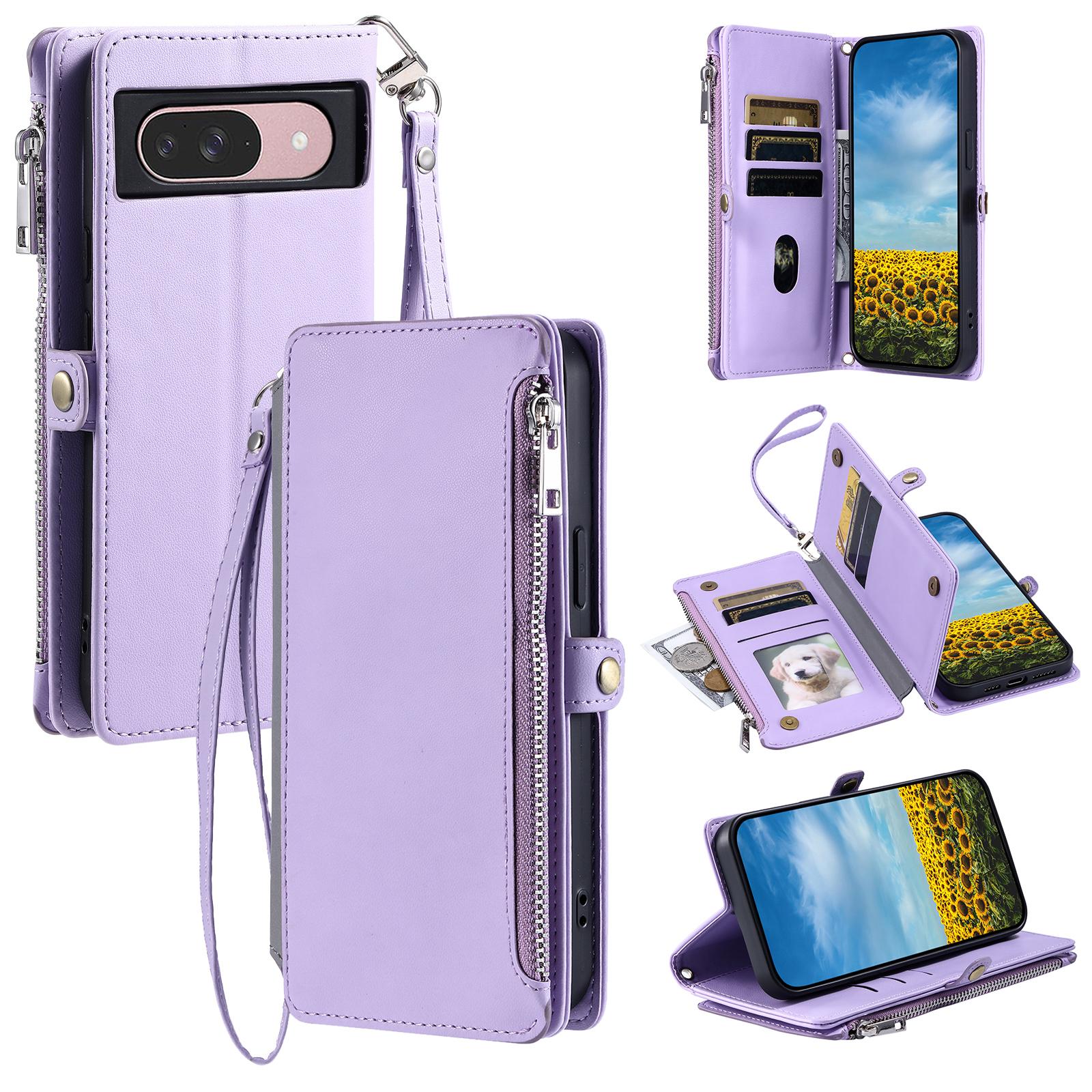 

For Google Pixel 10 Pro/Pixel 10 Case TPU+PU Leather Wallet Phone Cover with Wrist Strap Purple