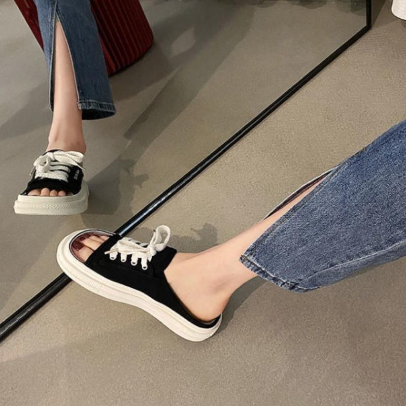 Open Toe Sandals With Strap Woman Slippers Outside Soft Canvas Shoes for Women Thick Slides New Collection Casual Vip Style Shoe