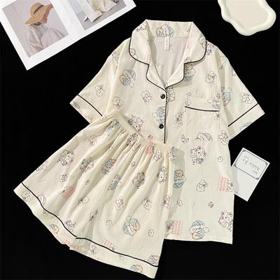 Print Cartoon Cute Kawaii Women's Pajamas Set Summer Casual Sleepwear 2 PCS Tops and Shorts Soft Cotton Home Suit Outfits Ladies