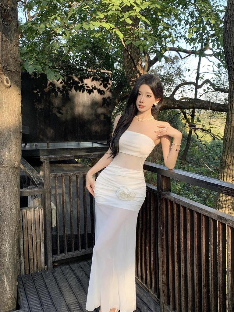Feminine One-Shoulder Mesh Strapless Summer Dress