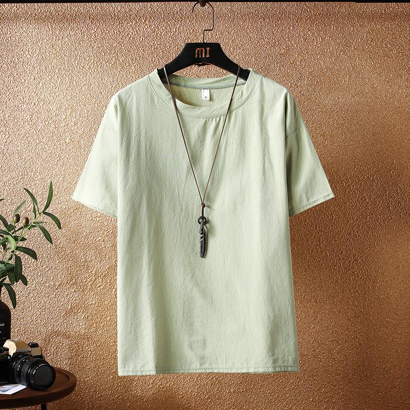 Summer Cotton and Linen Men's Chinese Style Solid Color Linen Loose Large Size Short-sleeved T-shirt Japanese Half-sleeved Tide Brand T-shirt