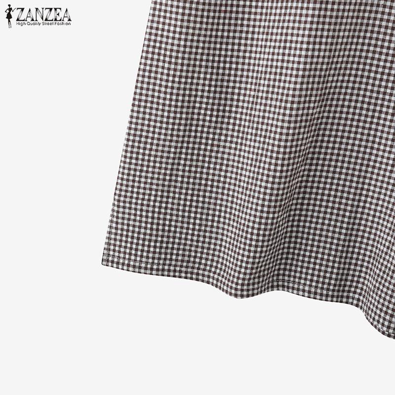 ZANZEA Women Plaid Print Casual Round Neck Sleeveless Blouse