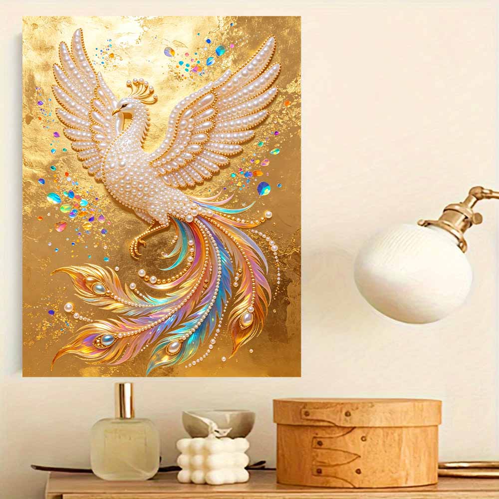 DIY Pearl Gem Golden Peacock Bird Shining Bead Craft Art Home Wall Ornament Simple Unframed Room Decoration Art Piece Modern Elegant Decor Gift