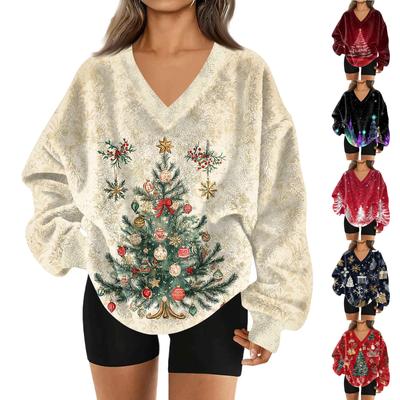 Women's Fashion Casual Long Sleeve Christmas Printed V-Neck Top Sweatshirt