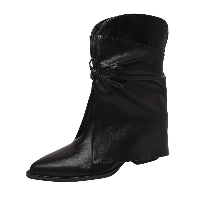 Fashion Bow Leather Boots Pointed High Heels Autumn and Winter Niche Design Sense Short Boots Comfortable Thick Heel Trousers Boots Women