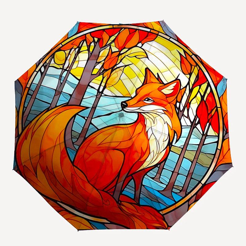1 Stück Herbstfuchs Buntglas Automatisches Öffnen und Schließen Regenschirm, Tragbares Dreifach faltbares Design mit 8-Rippen-Eisenrahmen, Outdoor-Regenschirm, Ideales Geschenk für Fans, Reise