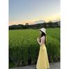 Yellow plaid Vneck neck sling dress women's summer dopamine beautiful slim fit gentle vacation style dress