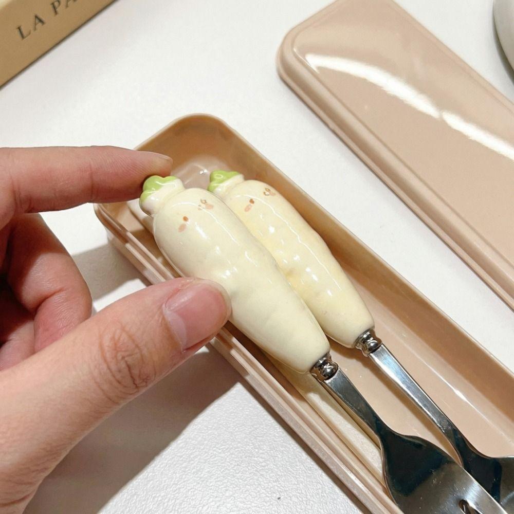 Stainless Steel Spoon Fork Chopsticks Set Ceramic Handle with Storage Box Carrot Spoon Fork Cartoon Portable Tableware Travel
