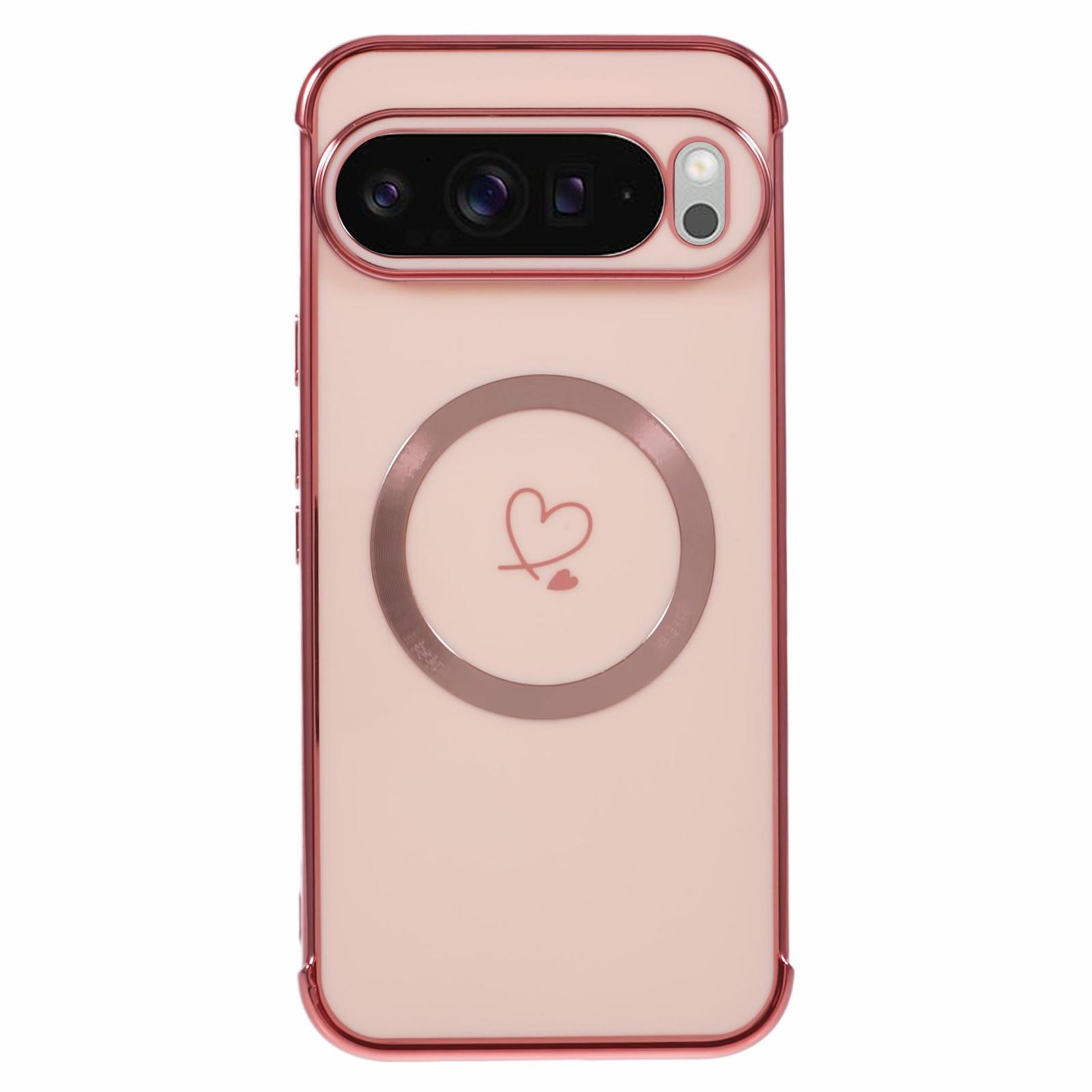 

For Google Pixel 9 Pro XL Case Compatible with MagSafe Electroplated TPU Phone Cover Hollow Love Hearts Rose Gold