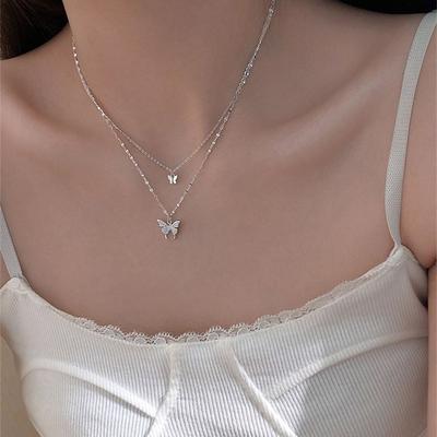 Korean Design Silver Butterfly Necklace Double Layer with Zircon for Ladies Girl Gift Wedding Daily Wear S925 Fine Jewelry