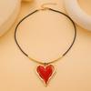 Bold Red Heart Pendant Necklace Black Cord Choker Necklace Gold Tone Double Layer Heart Charm Necklace for Women